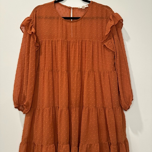 ENTRO Ruffle Long Sleeve Dress with Swiss Dot Detail - Picture 2 of 4